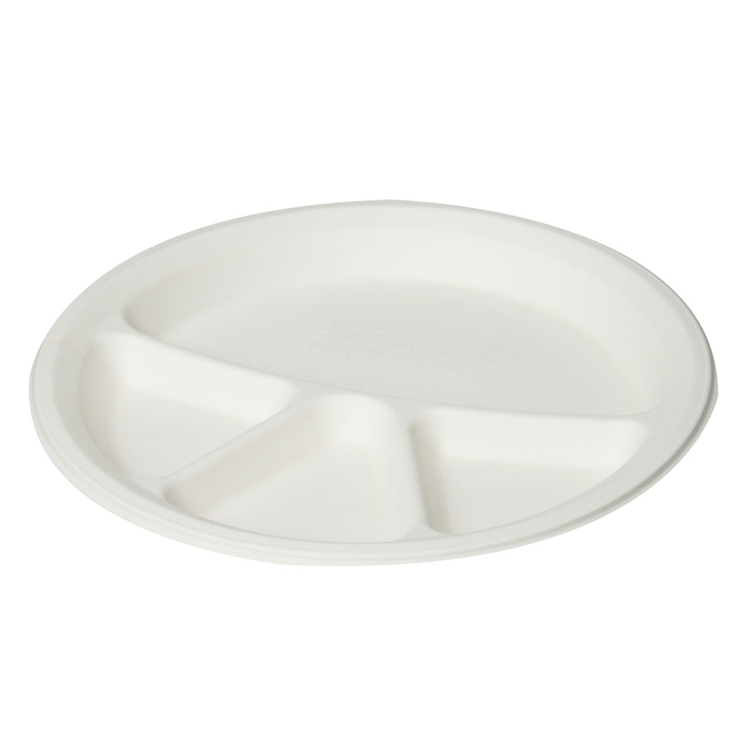 10-Inch-4-Compartment-Round-Plate-1-1.jpg Eco Friendly Biodegradable Compostable Ecoware 12 inch 4 Compartment Round Plate (made from Sugarcane Bagasse) - Image 1