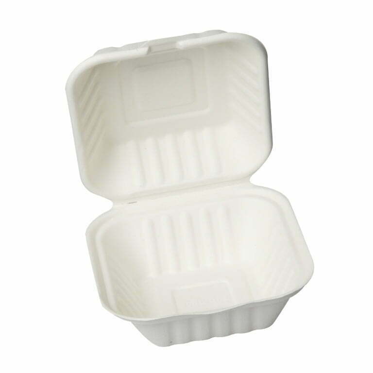 Compostable-450ml-Bagasse-Clamshell-Box-1-1.jpg Eco Friendly Biodegradable Compostable Ecoware 450 ml Bagasse Clamshell Box – Size 6 inch x 6 inch x 3 inch (made from Sugarcane Bagasse) - Image 1