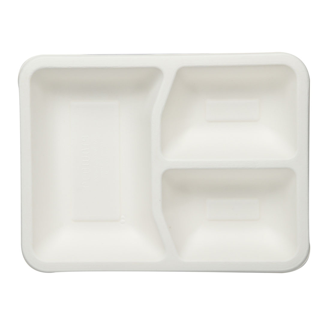 Premium-3-Compartment-Tray-1-1.jpg Eco Friendly Biodegradable Compostable Ecoware 3 Compartment Bagasse Tray- Size (9 inch x 7 inch x 2 inch) (made from Sugarcane Bagasse) - Image 1